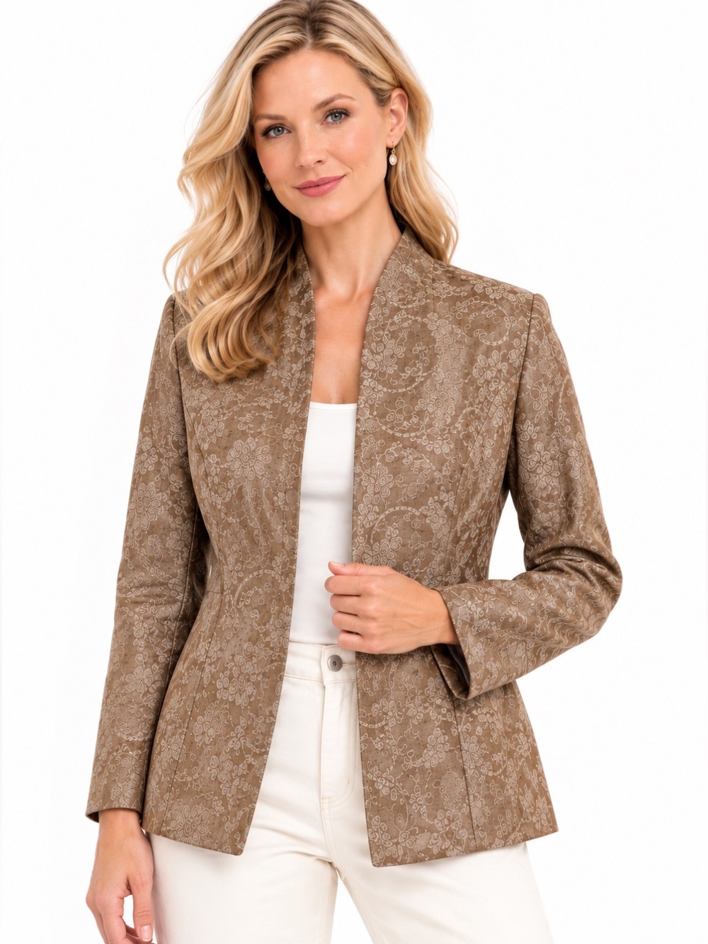 Lafayette‎ 148 Linen Jacquard Blazer Earthy Brown Floral Tailored Jacket 8